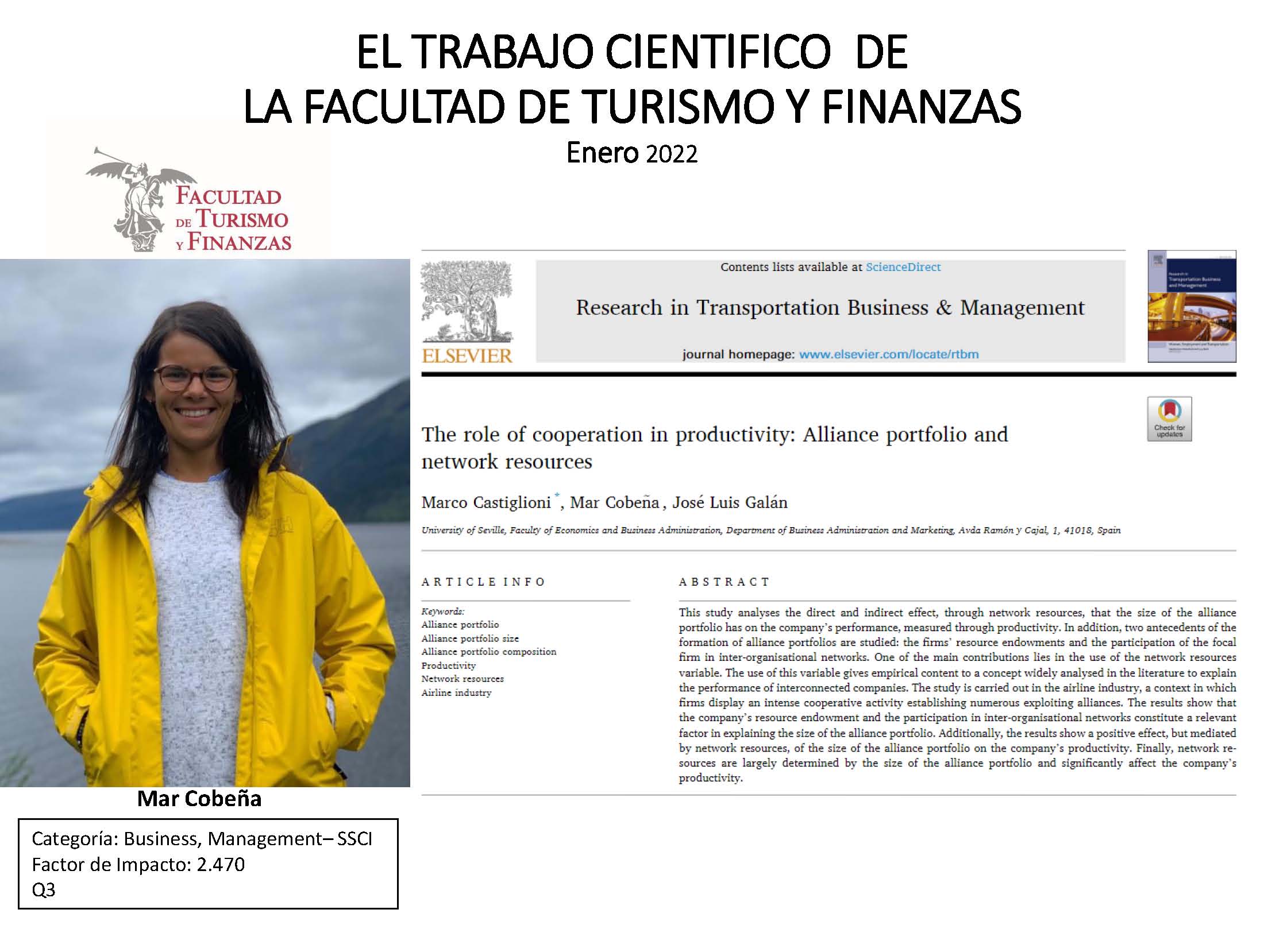 María Del Mar Cobeña Ruiz-Lopera obtiene el Premio a la Publicación Científica (ENERO 2022) de la Facultad de Turismo y Finanzas