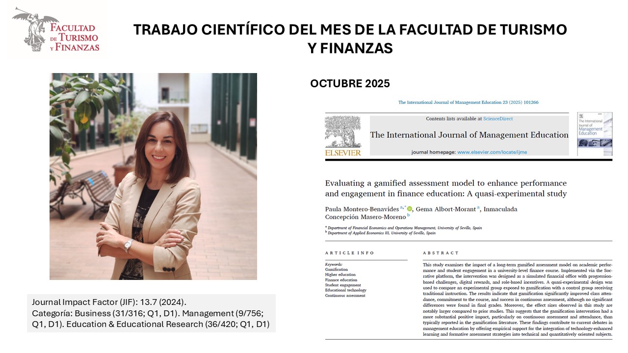 Dª. Paula Montero Benavides obtiene el Premio a la Publicación Científica del mes (octubre, 2025) de la Facultad de Turismo y Finanzas