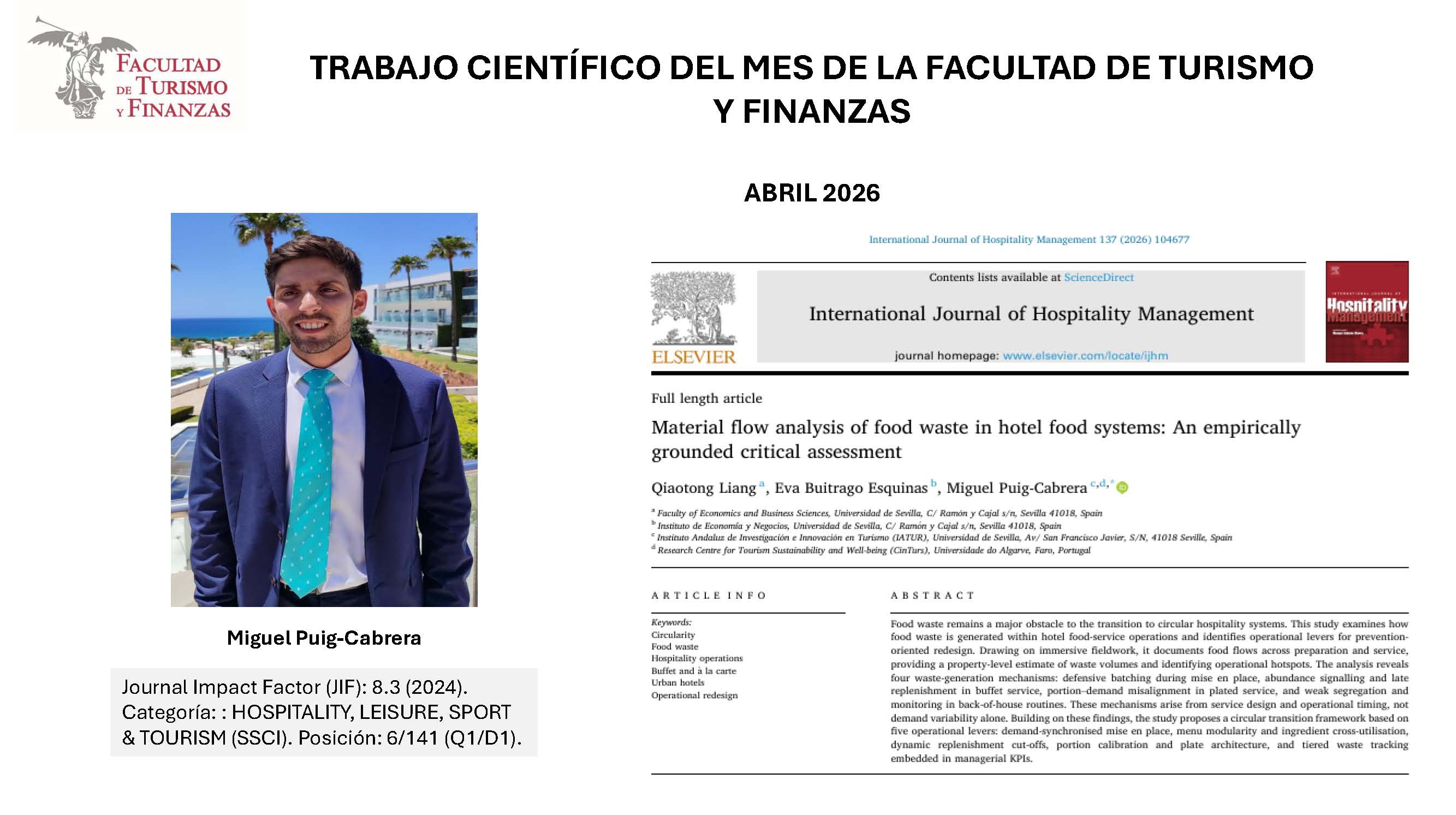 Premio a la Publicación Científica del mes de abril de 2026 de la Facultad de Turismo y Finanzas